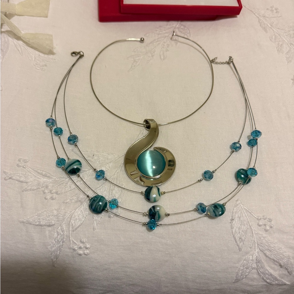 Turquoise Blue Multi-Layered Necklace Set with Silver Accents